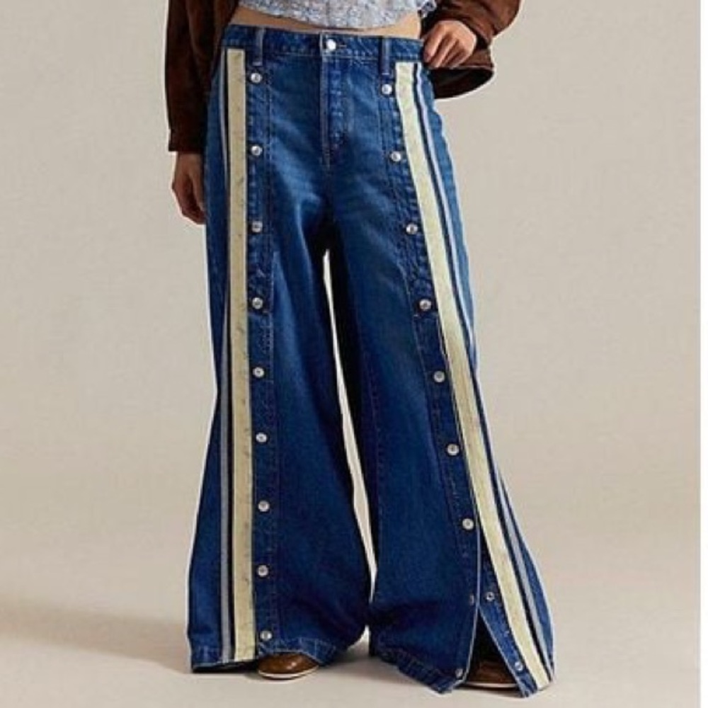 Free People Blue Wide Leg Jeans with Cream Stripes